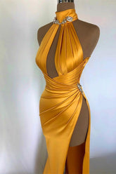 Elegant Champagne Gold Evening Dress with Off-Shoulder High Neck and Pleated Slit