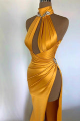 Elegant Champagne Gold Evening Dress with Off-Shoulder High Neck and Pleated Slit