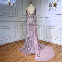 Pink Long Sleeve Chiffon Train Beaded Lace Evening Gown Dress