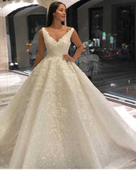 Elegant A-Line V-Neck Floor-Length Wedding Gown with Delicate Lace & Sequin Appliques