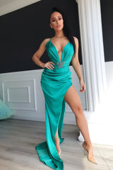 Halter V-Neck Evening Dress High Split Satin Party Prom Gown