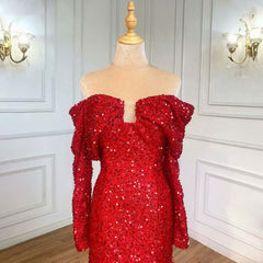 Red Sequin A-Line Prom Dress with Long Sleeves and Feather Details
