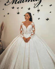 Elegant Ball Gown Wedding Dress, Sweetheart Ruffles, Lace Appliques, Sequin Long Sleeves