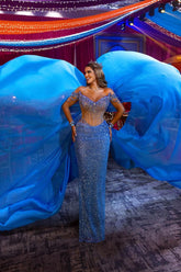 Elegant Off-Shoulder V-Neck Prom Gown with Sequin Embellishments & Flowing Trail