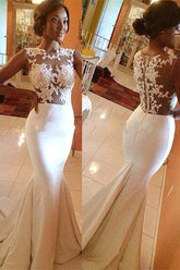 Elegant White Sleeveless Mermaid Prom Dress with Delicate Appliques and Illusion Back
