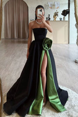 Elegant Strapless Ruched Satin A-Line Prom Dress with High Split & Flower Accent
