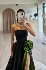 Elegant Strapless Ruched Satin A-Line Prom Dress with High Split & Flower Accent