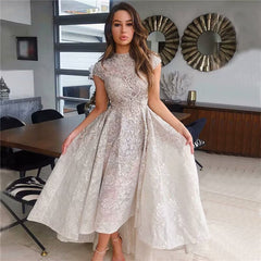 A-Line Sequin Appliques Prom Dress Long Pleated with Short Sleeves Gown