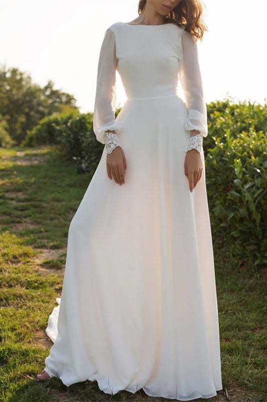 Long Sleeve Backless Chiffon Wedding Dress with Lace Cuffs