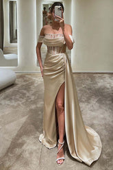 Champagne Off The Shoulder Prom Dress Cut Out Split Design