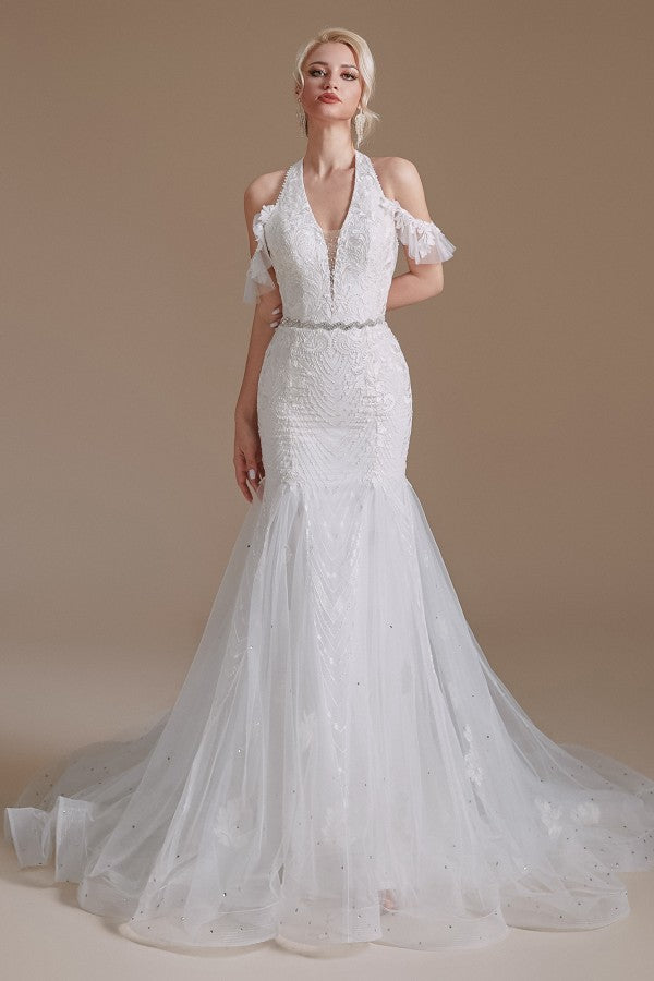 Elegant Mermaid Halter Tulle Wedding Gown with Lace Appliques and Floor-Length Design