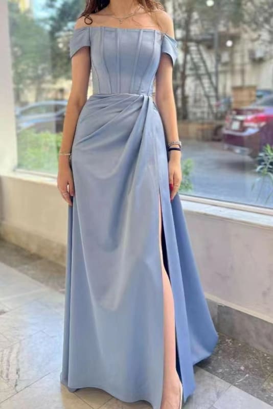 Elegant Dusty Blue Off-Shoulder Prom Dress with Pleats and Thigh-High Split