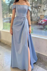 Elegant Dusty Blue Off-Shoulder Prom Dress with Pleats and Thigh-High Split