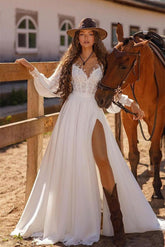 Bohemian Long Sleeve Lace Wedding Dress with High Side Split