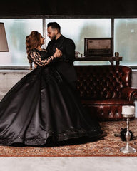 Elegant Black Ball Gown Wedding Dress with Long Sleeves and Appliques