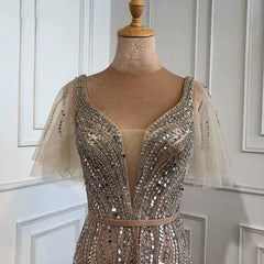 Elegant Taupe Short Sleeves V Neck A Line Prom Dress