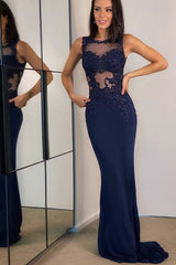Elegant Navy Blue Lace Appliques Mermaid Prom Dress, Perfect for Special Occasions