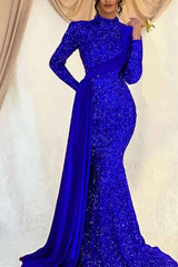 Dazzling Sequin Mermaid Prom Dress: High Collar, Long Sleeves, Chic Ruffle