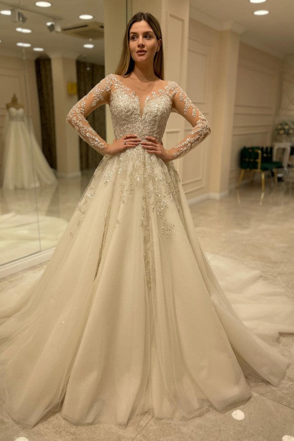 Elegant A-Line Wedding Dress with Lace Appliques and Sleeves Long Train