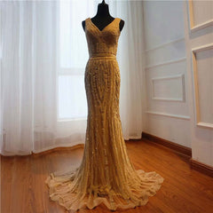 Gold Sequin Mermaid Prom Dress V Neck Long Sleeveless Evening Gown