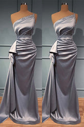 Elegant One-Shoulder Prom Gown: Shimmering Silver, Beaded Accents, Belted Waistline, Floor-Length