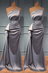 Elegant One-Shoulder Prom Gown: Shimmering Silver, Beaded Accents, Belted Waistline, Floor-Length