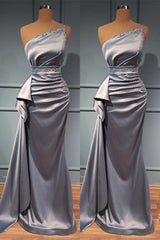 Elegant One-Shoulder Prom Gown: Shimmering Silver, Beaded Accents, Belted Waistline, Floor-Length
