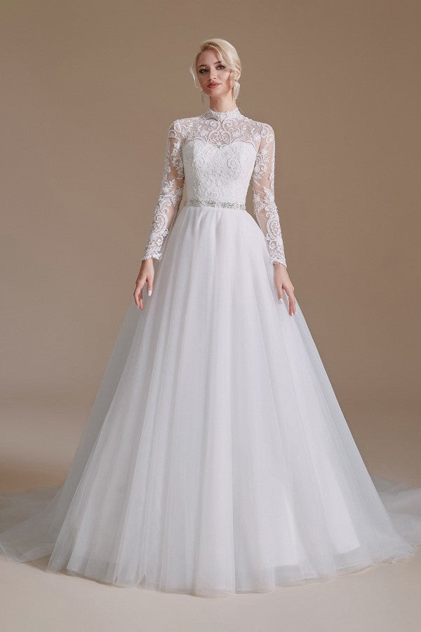 Elegant A-Line High Neck Long Sleeve Wedding Dress with Tulle Lace Design