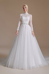 Elegant A-Line High Neck Long Sleeve Wedding Dress with Tulle Lace Design