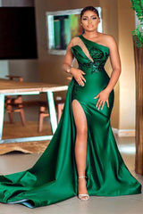 Elegant Green Sequin One-Shoulder Mermaid Prom Dress with High Split Design