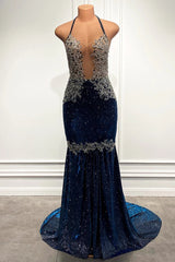 Elegant Blue Sequin Mermaid Prom Dress with Spaghetti Straps