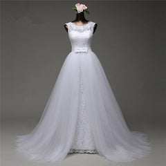 Jewel Sleeveless Lace Long Wedding Dress with Tulle Overskirt for Bridal Elegance