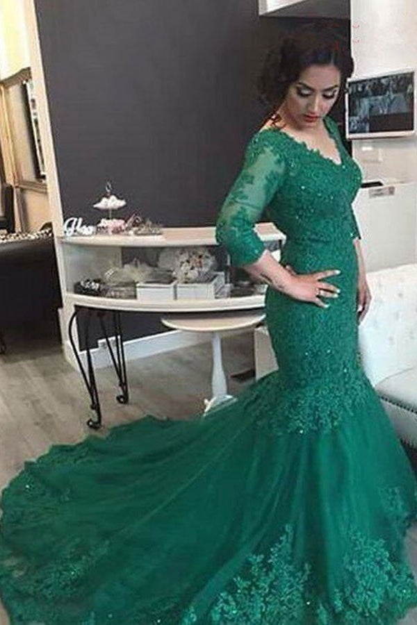 Emerald Green Lace Applique Mermaid Prom Dress V-Neck 3/4 Sleeves Gown