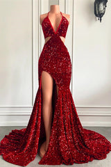 Stunning Wine Red Halter Sequin Mermaid Prom Dress with Slit for Special Occasions