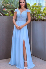 Elegant Sky Blue Cap Sleeve Long Prom Dress with Slit