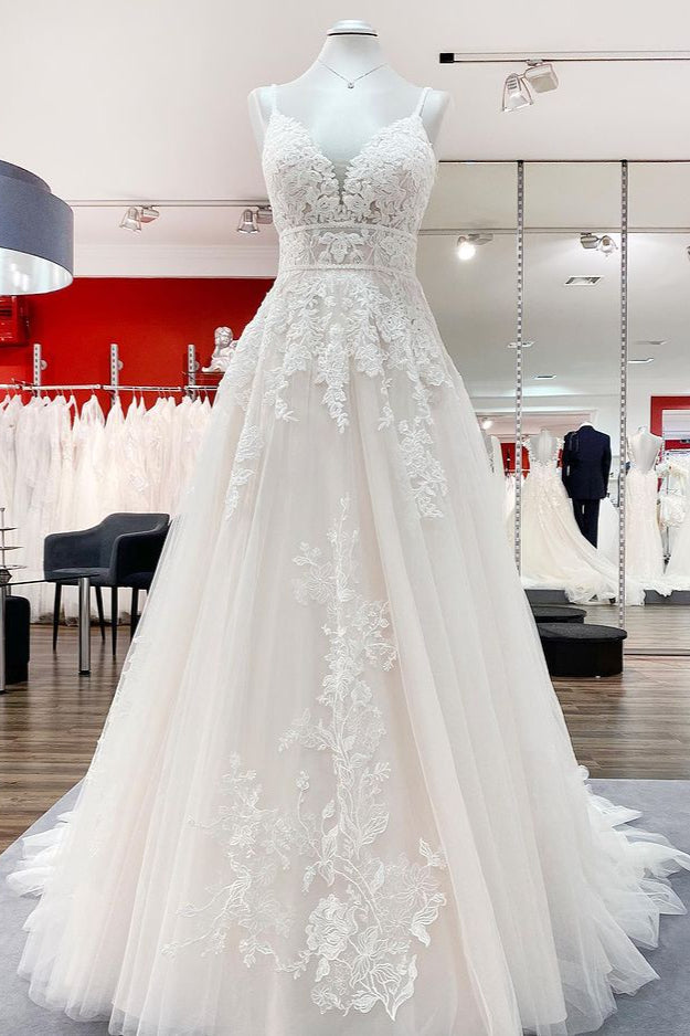 Elegant A-Line V-Neck Tulle Wedding Dress with Lace Appliques and Ruffles