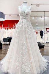 Elegant A-Line V-Neck Tulle Wedding Dress with Lace Appliques and Ruffles