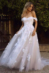 Off-Shoulder Tulle A-Line Wedding Dress with Lace Appliques