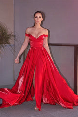 Elegant Red Off-Shoulder Long Evening Gown with High Split for Prom