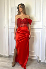 Glamorous Red Jewel Mermaid Prom Dress with Pleats Off-Shoulder Evening Gown