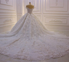 Elegant Off-the-Shoulder A-Line Wedding Dress with Long Sleeves Appliques Court Train
