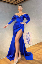 Elegant Royal Blue Long Sleeves Mermaid Evening Dress with Sparkling Beaded Detail