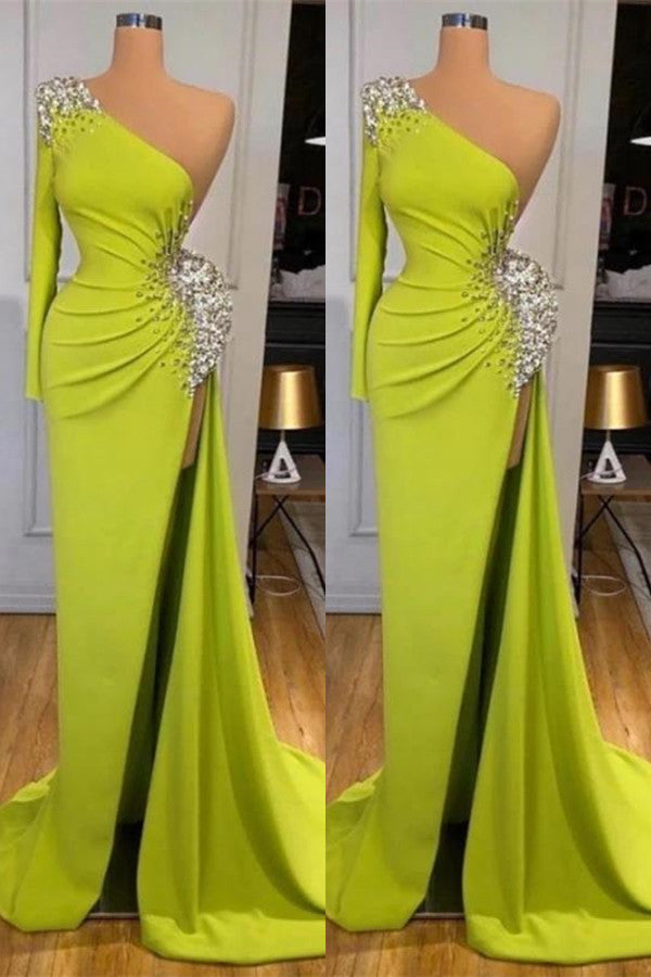 Elegant Yellow Green Mermaid Prom Dress with Long Sleeves and Beaded Split