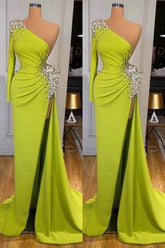 Elegant Yellow Green Mermaid Prom Dress with Long Sleeves and Beaded Split