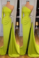 Elegant Yellow Green Mermaid Prom Dress with Long Sleeves and Beaded Split