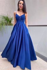 Elegant Royal Blue A-Line Prom Dress with Lace Appliques and Convenient Pockets