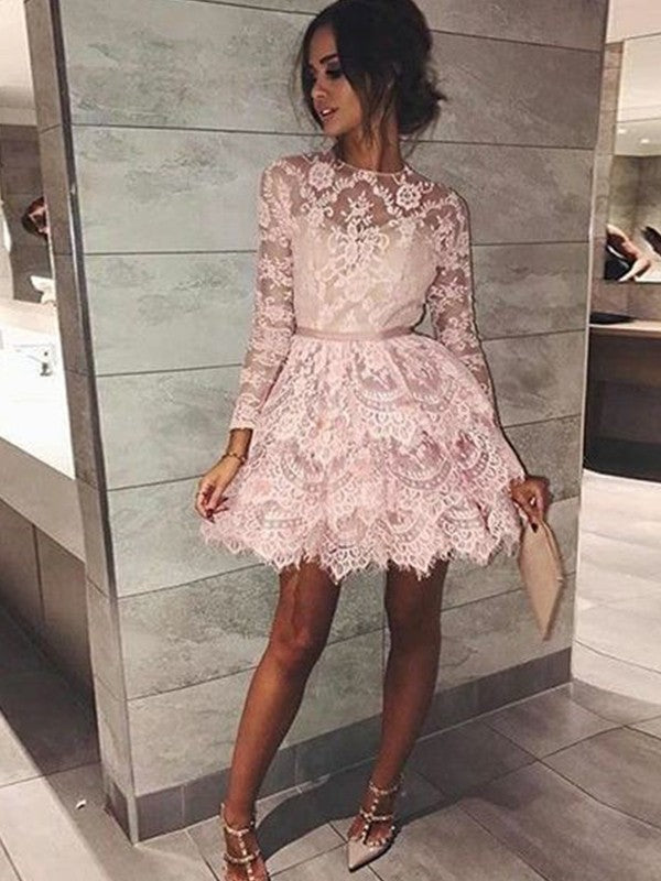 Chic Long Sleeve Scoop Pink A-Line Homecoming Dress with Elegant Lace Appliques