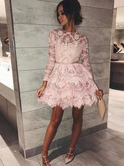Chic Long Sleeve Scoop Pink A-Line Homecoming Dress with Elegant Lace Appliques
