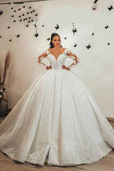 Elegant Ball Gown Wedding Dress, Sweetheart Ruffles, Lace Appliques, Sequin Long Sleeves