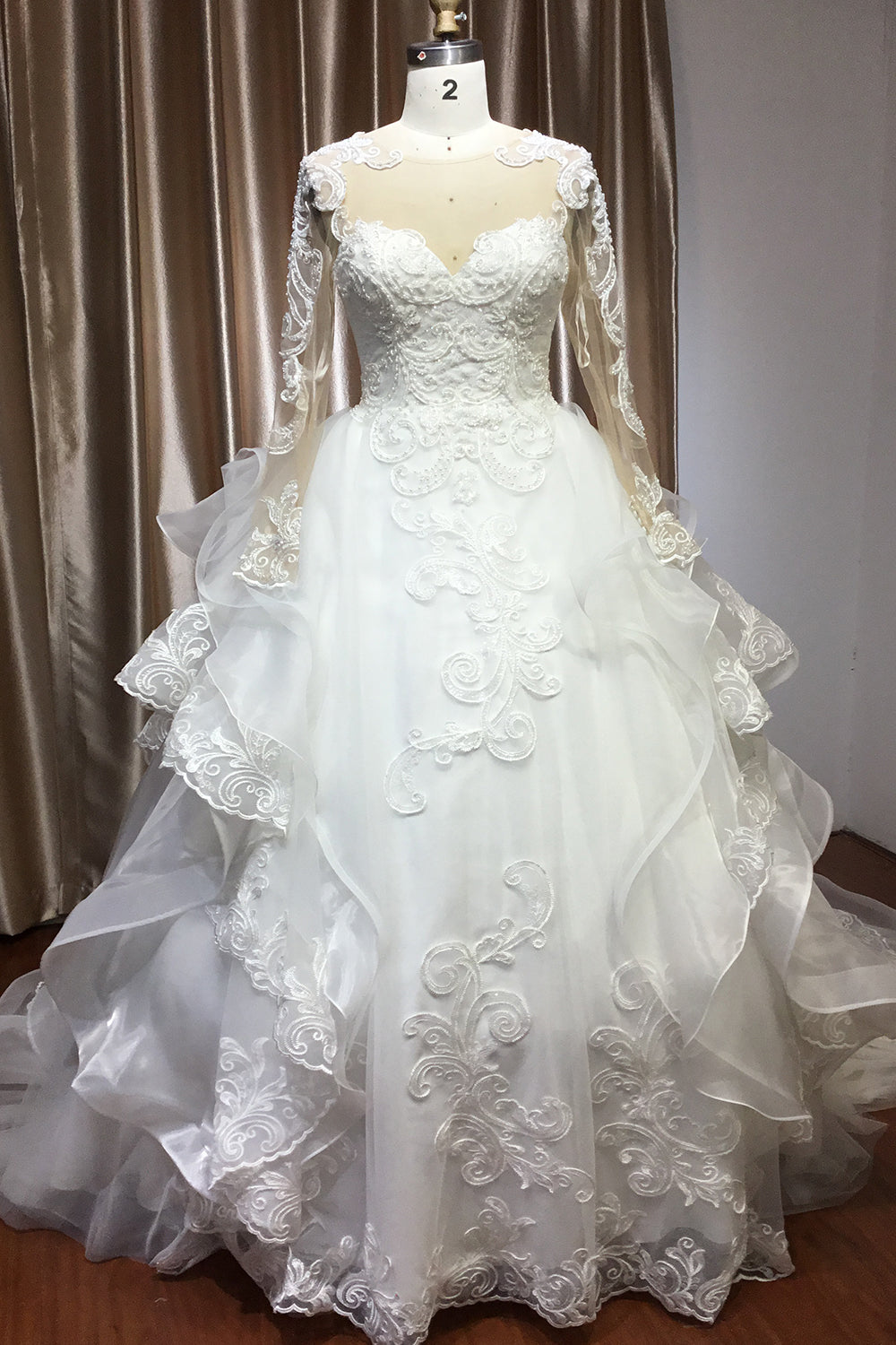 A-Line V-Neck Hi-Lo Wedding Dress with Ruffles, Tulle and Appliques